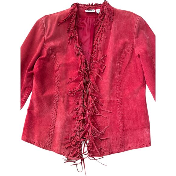 Y2K Western Boho Chico’s Design Red Suede Fringe Leather Jacket Size 2 (M/L) - Picture 14 of 16
